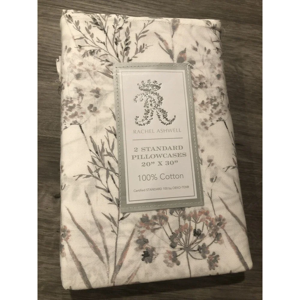 Rachel Ashwell Standard Pillowcase Set Gray Floral Coral /White 100% Cotton New